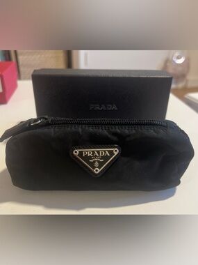 Prada Small Black Nylon Triangle Logo Pouch with Silver Plaque
